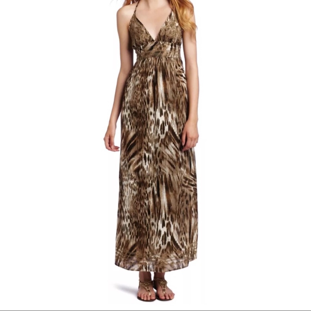 Lucky Brand Animal Print Halter Top Maxi Dress Sz XS